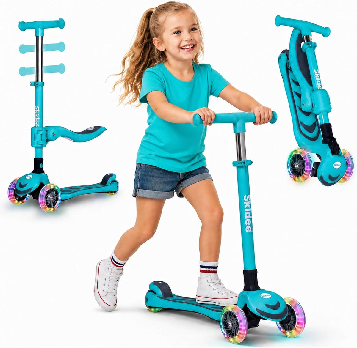 SKIDEE Kids 3-Wheel Scooter, Foldable, Adjustable Height, LED Wheels