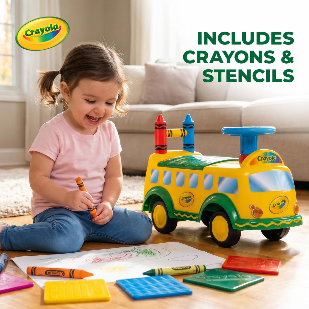 Waddle Crayola School Bus Ride-On Toy, Ages 2+, Lights & Sounds, 44lb