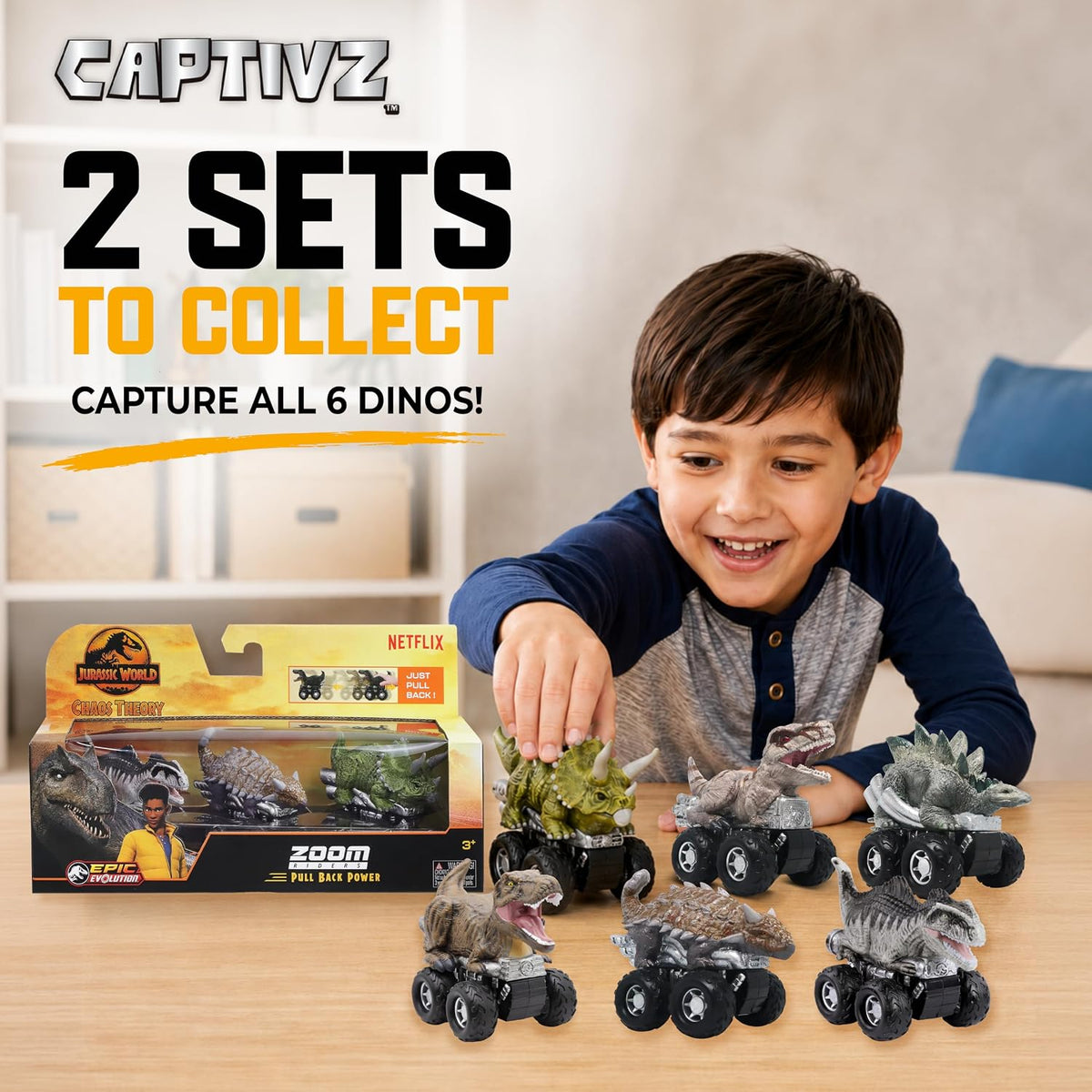 Jurassic World Chaos Theory Zoom Riders, 3 Surprise Eggs in 1 Box Dinosaur Toys for Kids 3+