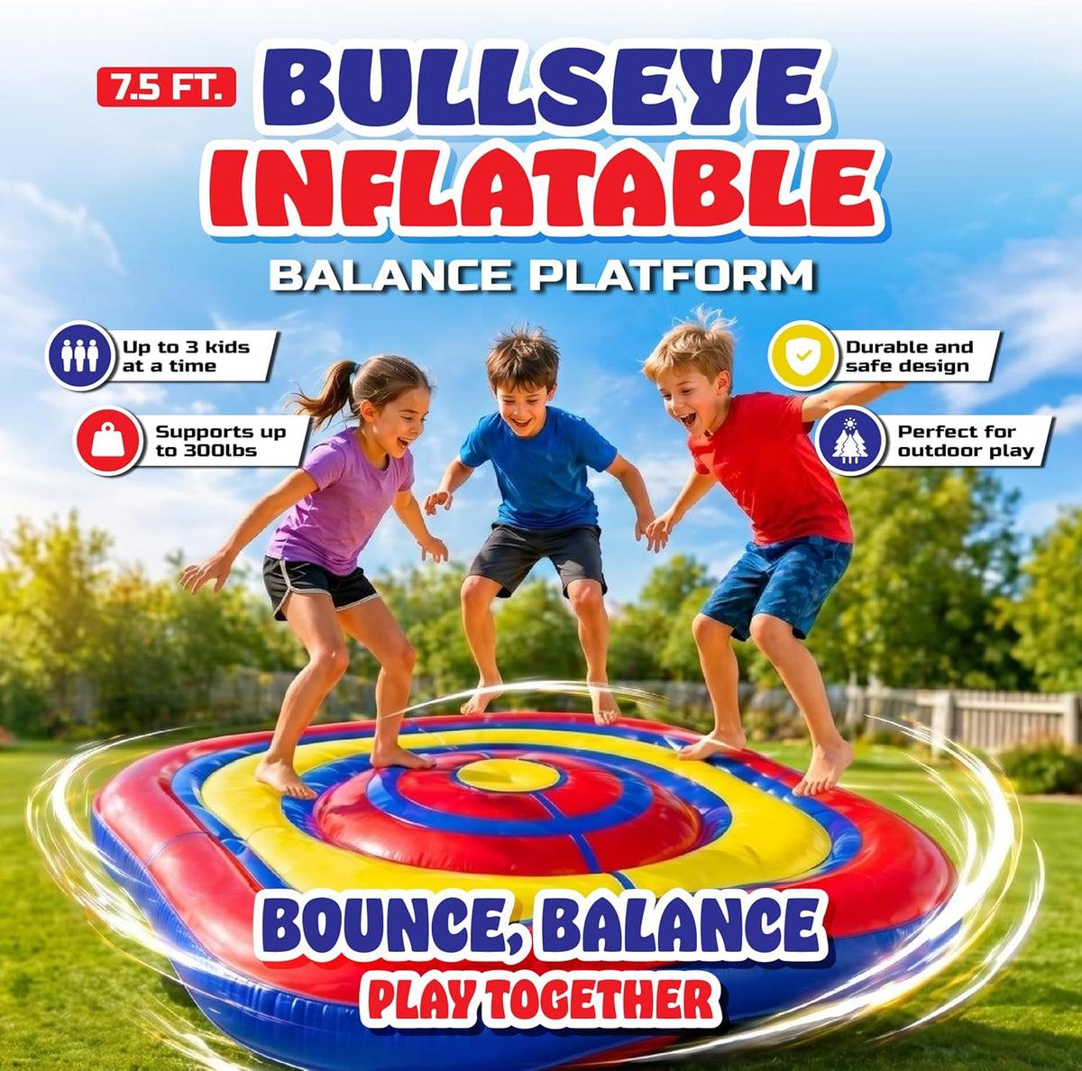 Playland 7.5 FT Inflatable Balance Platform for Kids – Bullseye Wobble Bounce Pad