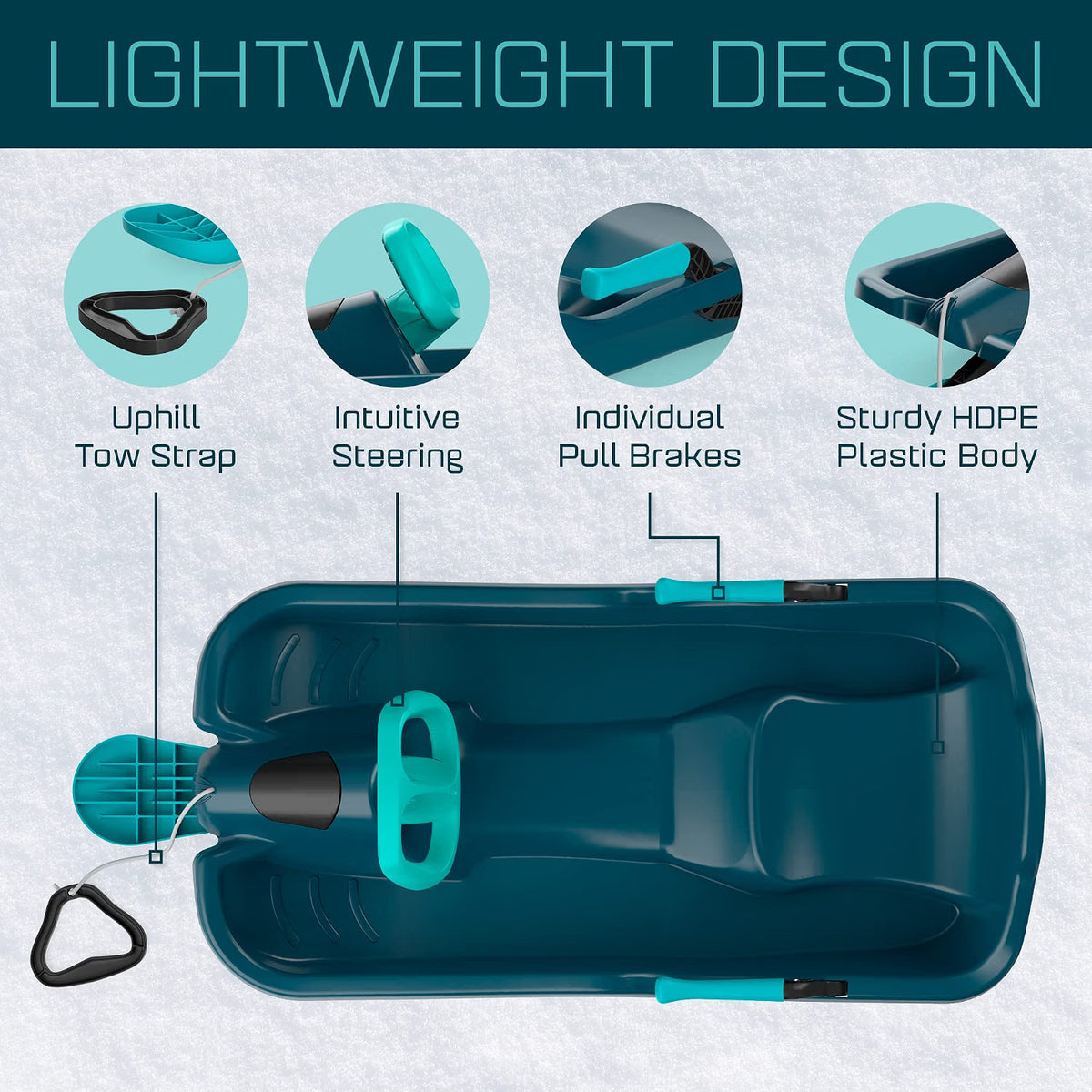 Kids' Toboggan Snow Sled, Lightweight Plastic, Tow Strap & Brakes