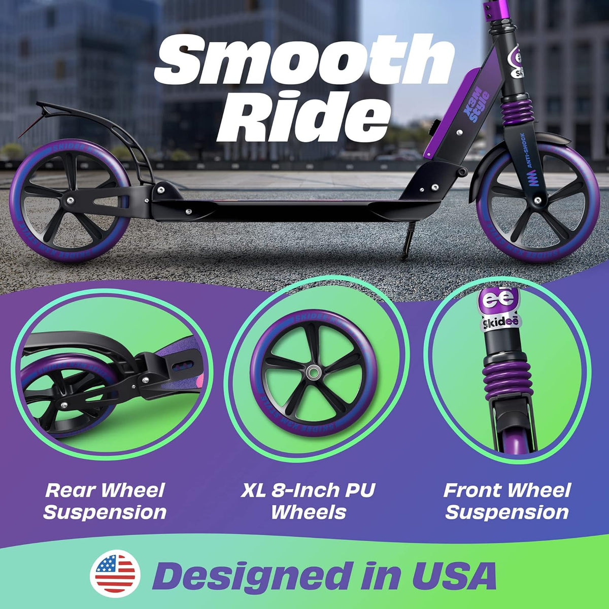 Skidee Adult & Teen Scooter Adjustable Height, Folding, Large Wheels, Lightweight, Durable, Anti-Shock Suspension, Up to 220 lbs