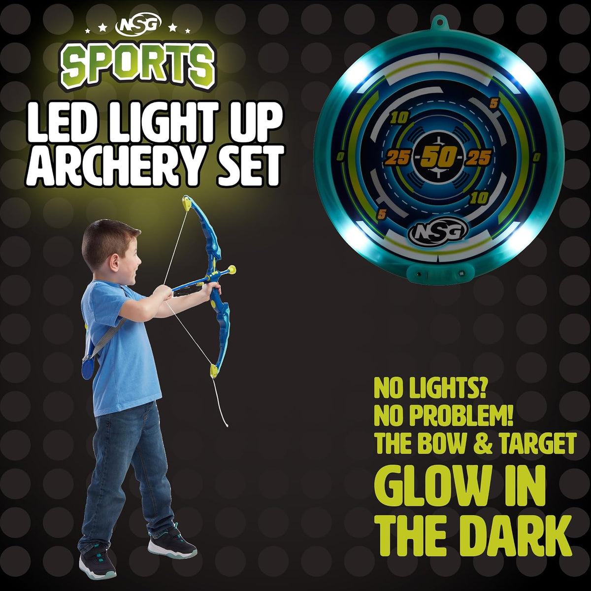 LED Light-Up Archery Bow & Arrow Set, 10 Suction Cup Arrows, LED Target, Ages 6+