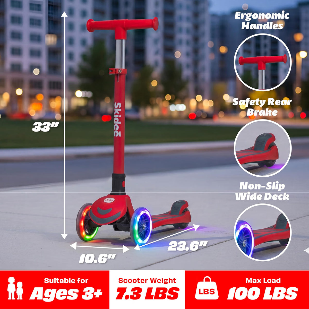 SKIDEE Kids 3-Wheel Scooter, Foldable, Adjustable Height, LED Wheels