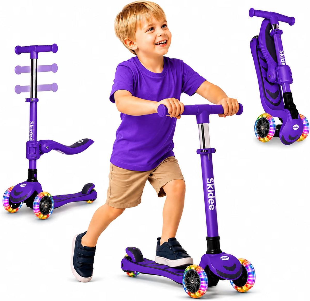 SKIDEE Kids 3-Wheel Scooter, Foldable, Adjustable Height, LED Wheels
