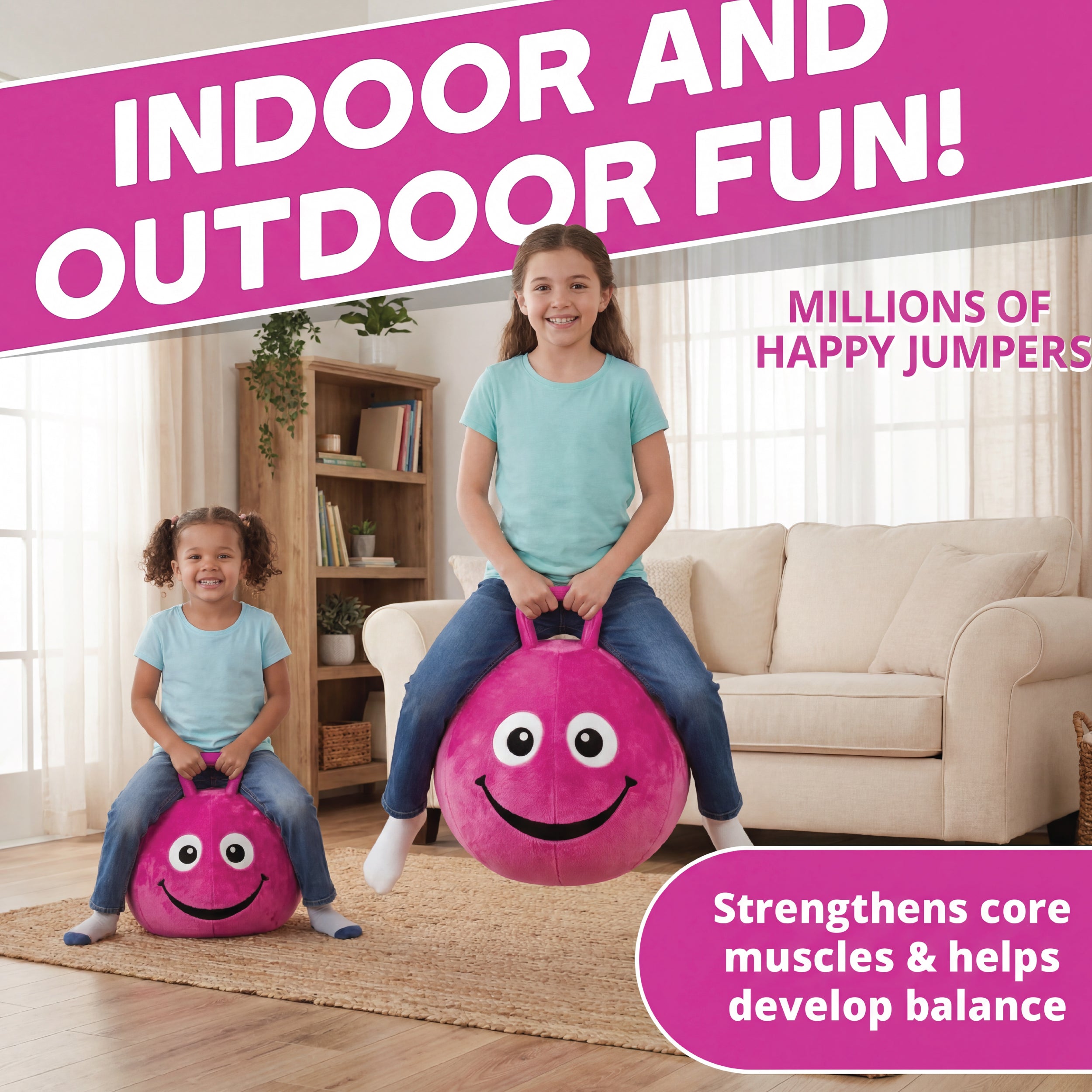Flybar Hopper Ball for Kids, Plush Inflatable Hippity Hop Bounce Ball w/ Handle, Ages 6+