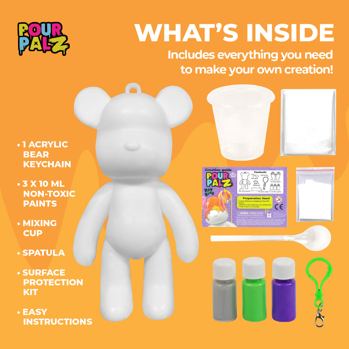 Pour Palz Keychain Pouring Mini Paint Bear Craft DIY Kit, Personalized Bear Keepsake