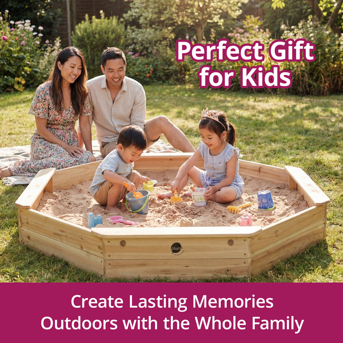 Plum Wooden Large Sandbox with Cover - Outdoor Octagon Sand Box for Kids, Toddler Sensory Toys