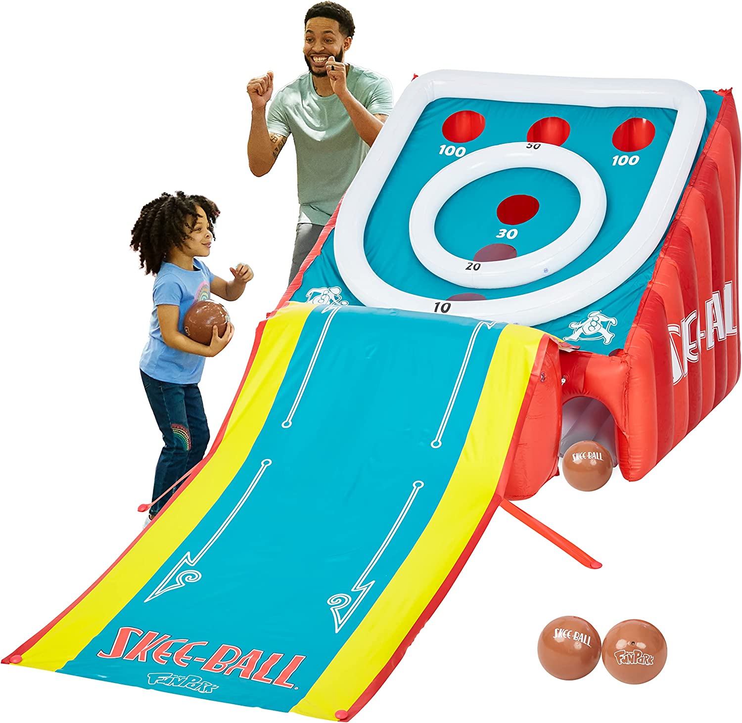 Flybar FunPark Giant Inflatable Skee‑Ball Game – 11 Ft. Long Arcade Toy with 4 Balls and Electric Air Pump for Backyard, Indoor or Outdoor Family Play; Active Game for Kids & Adults, Ages 6+