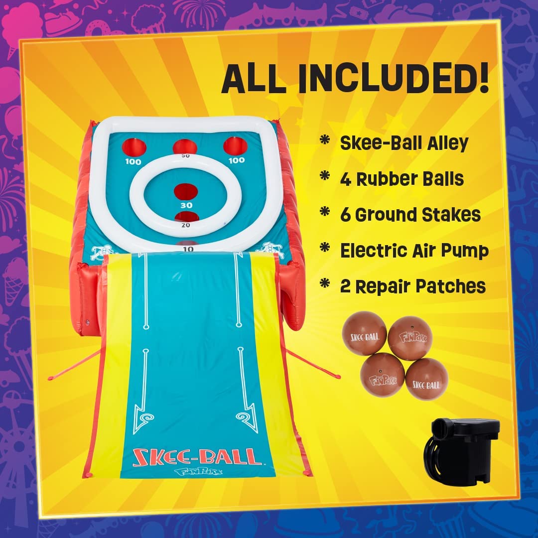 Flybar FunPark Giant Inflatable Skee‑Ball Game – 11 Ft. Long Arcade Toy with 4 Balls and Electric Air Pump for Backyard, Indoor or Outdoor Family Play; Active Game for Kids & Adults, Ages 6+