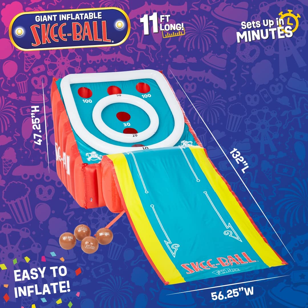 Flybar FunPark Giant Inflatable Skee‑Ball Game – 11 Ft. Long Arcade Toy with 4 Balls and Electric Air Pump for Backyard, Indoor or Outdoor Family Play; Active Game for Kids & Adults, Ages 6+