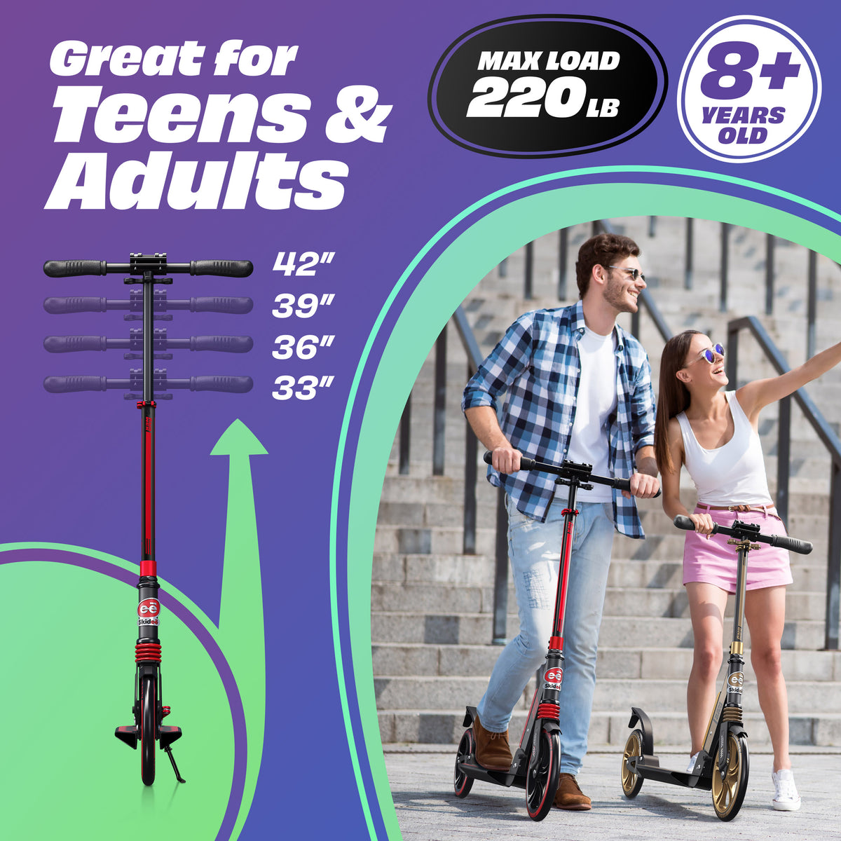 X3M Scooter for Kids Ages 6-12 - Scooters for Teens 12 Years and Up - Adult Scooter with Anti-Shock Suspension - Scooter for Kids 8 Years and Up with 4 Adjustment Levels Handlebar Up to 41 Inches High