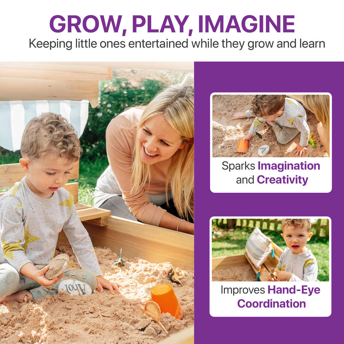 Plum Wooden Large Sandbox with Cover - Outdoor Octagon Sand Box for Kids, Toddler Sensory Toys
