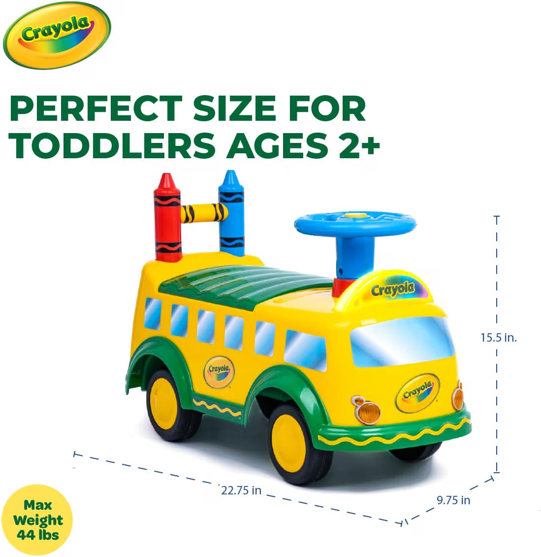 Waddle Crayola School Bus Ride-On Toy, Ages 2+, Lights & Sounds, 44lb