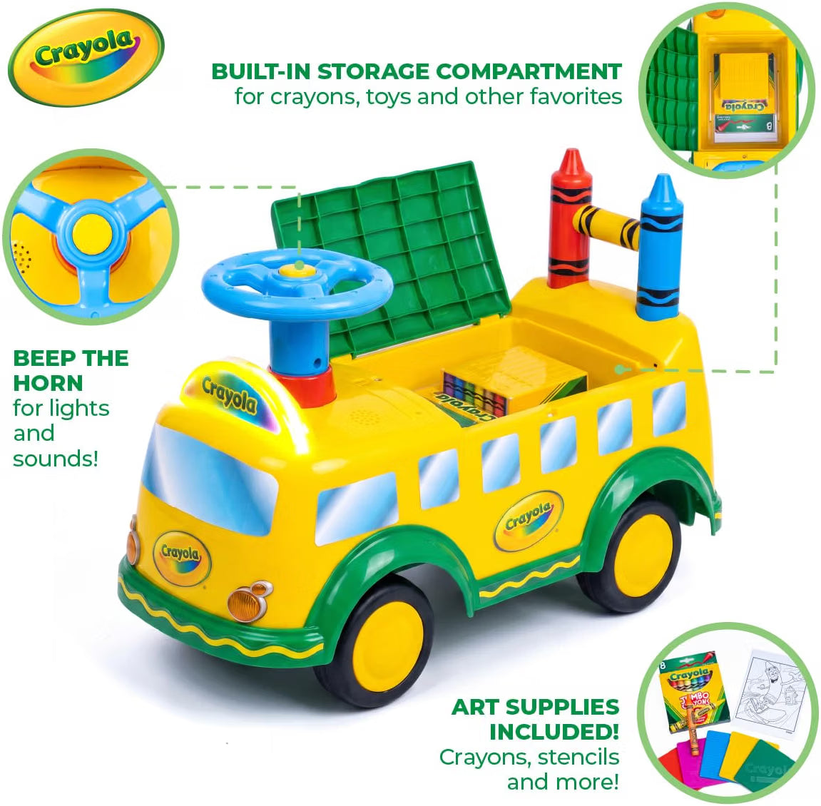 Waddle Crayola School Bus Ride-On Toy, Ages 2+, Lights & Sounds, 44lb