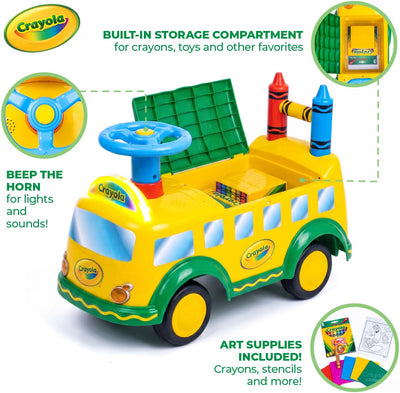 Waddle Crayola School Bus Ride-On Toy, Ages 2+, Lights & Sounds, 44lb