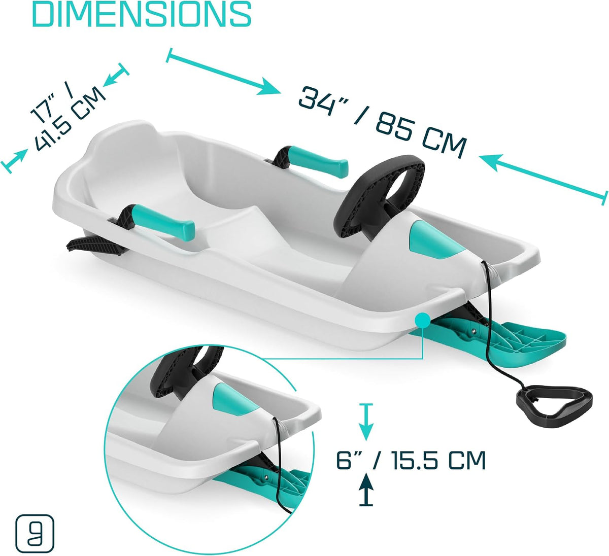 Kids' Toboggan Snow Sled, Lightweight Plastic, Tow Strap & Brakes