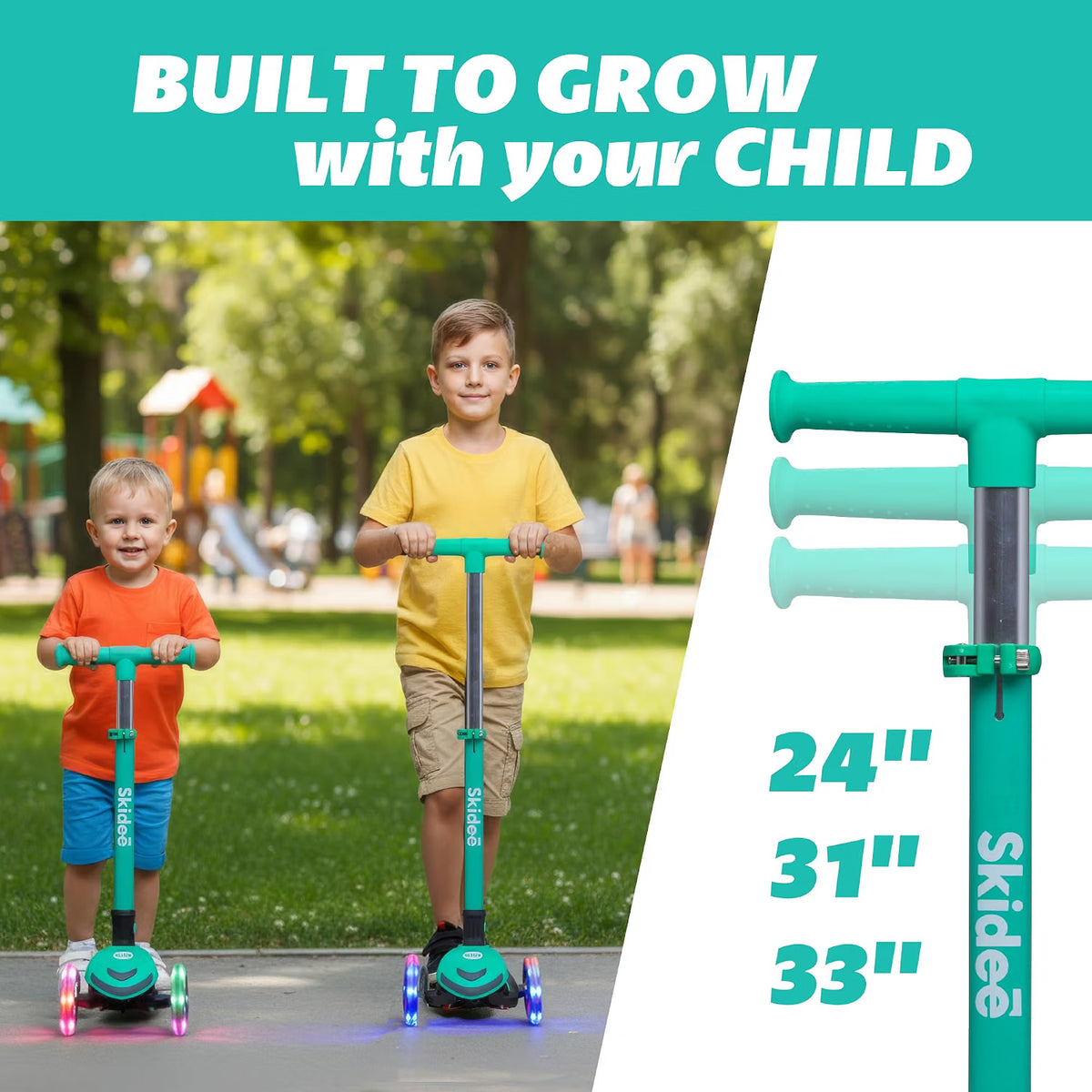 SKIDEE Kids 3-Wheel Scooter, Foldable, Adjustable Height, LED Wheels