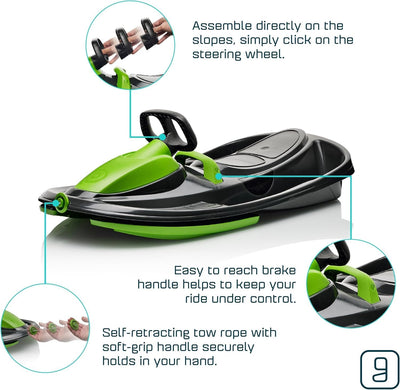 Gizmo Riders Snow Sled for Kids & Adults, Steering Wheel, Anti-Slip Seat, Brake, 260lb