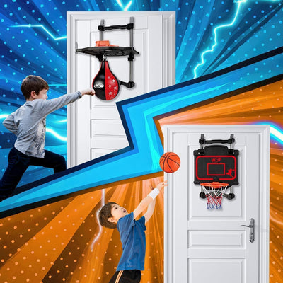 Over-the-Door Basketball & Boxing Set, 2-in-1 Hoop & Speed Bag, Scoreboard & Sound