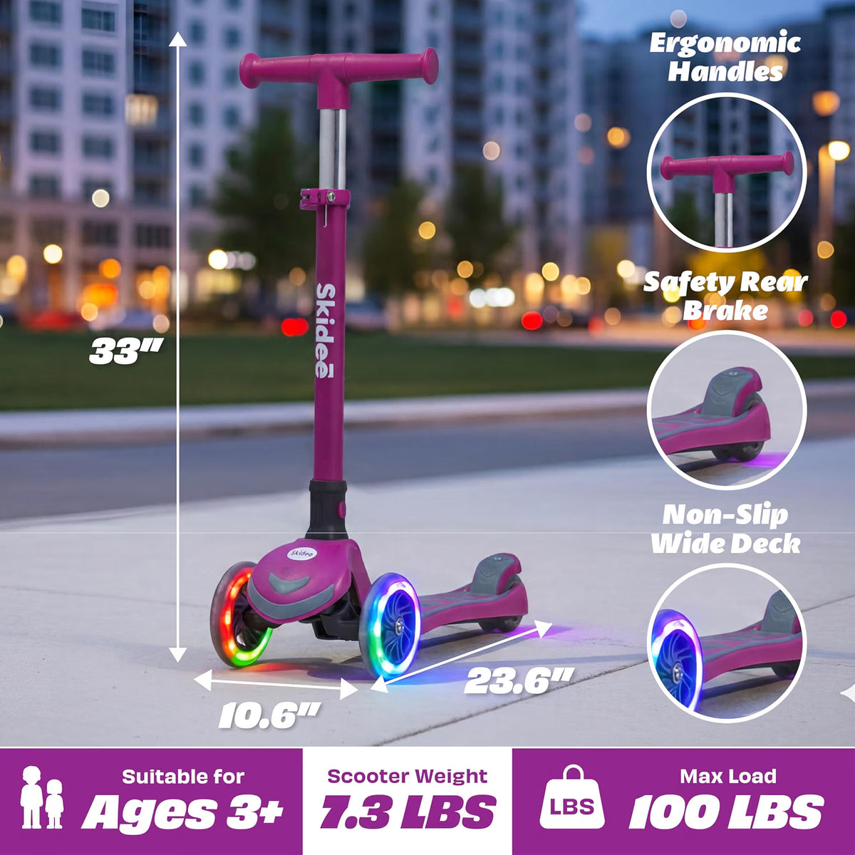 SKIDEE Kids 3-Wheel Scooter, Foldable, Adjustable Height, LED Wheels