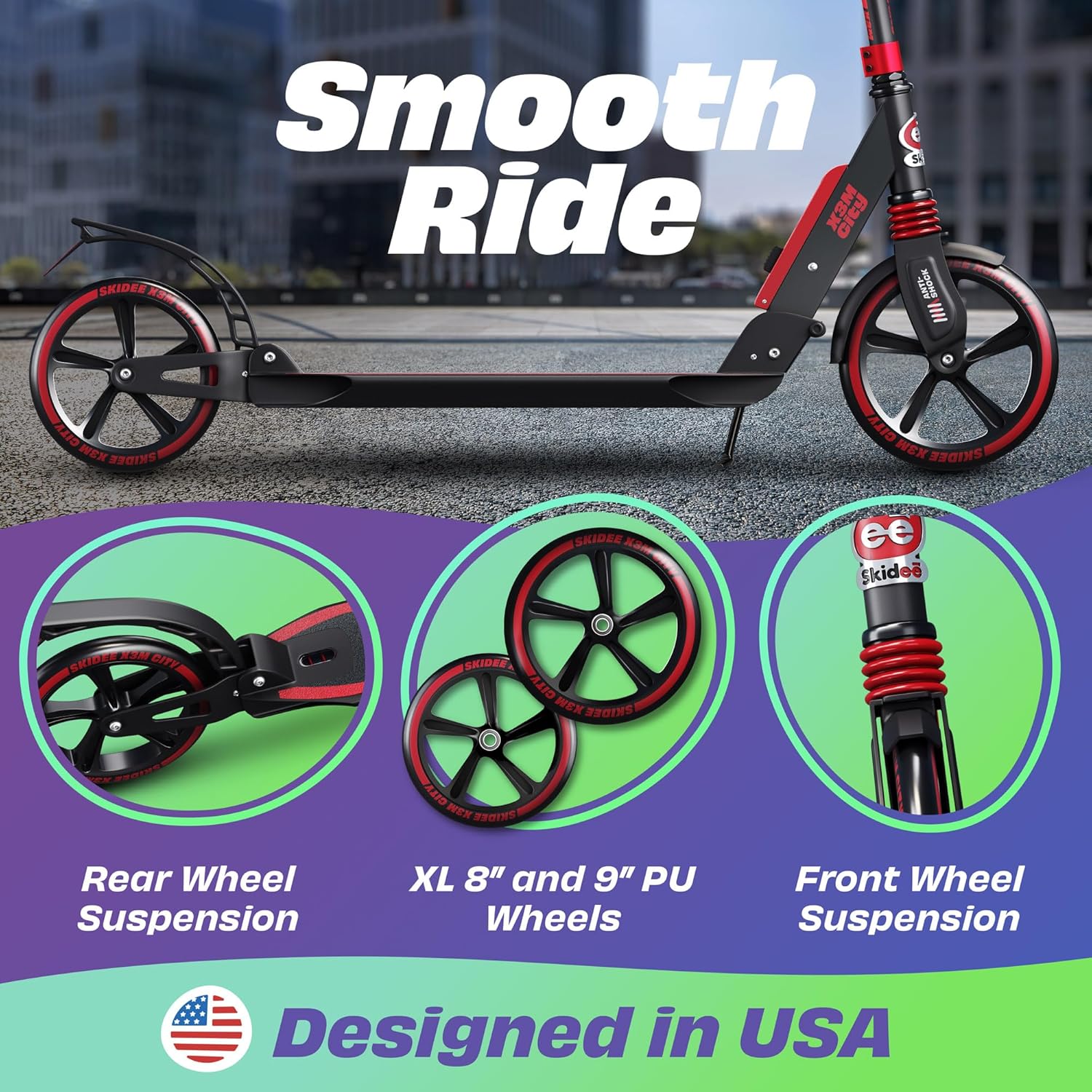 Skidee Adult & Teen Scooter Adjustable Height, Folding, Large Wheels, Lightweight, Durable, Anti-Shock Suspension, Up to 220 lbs
