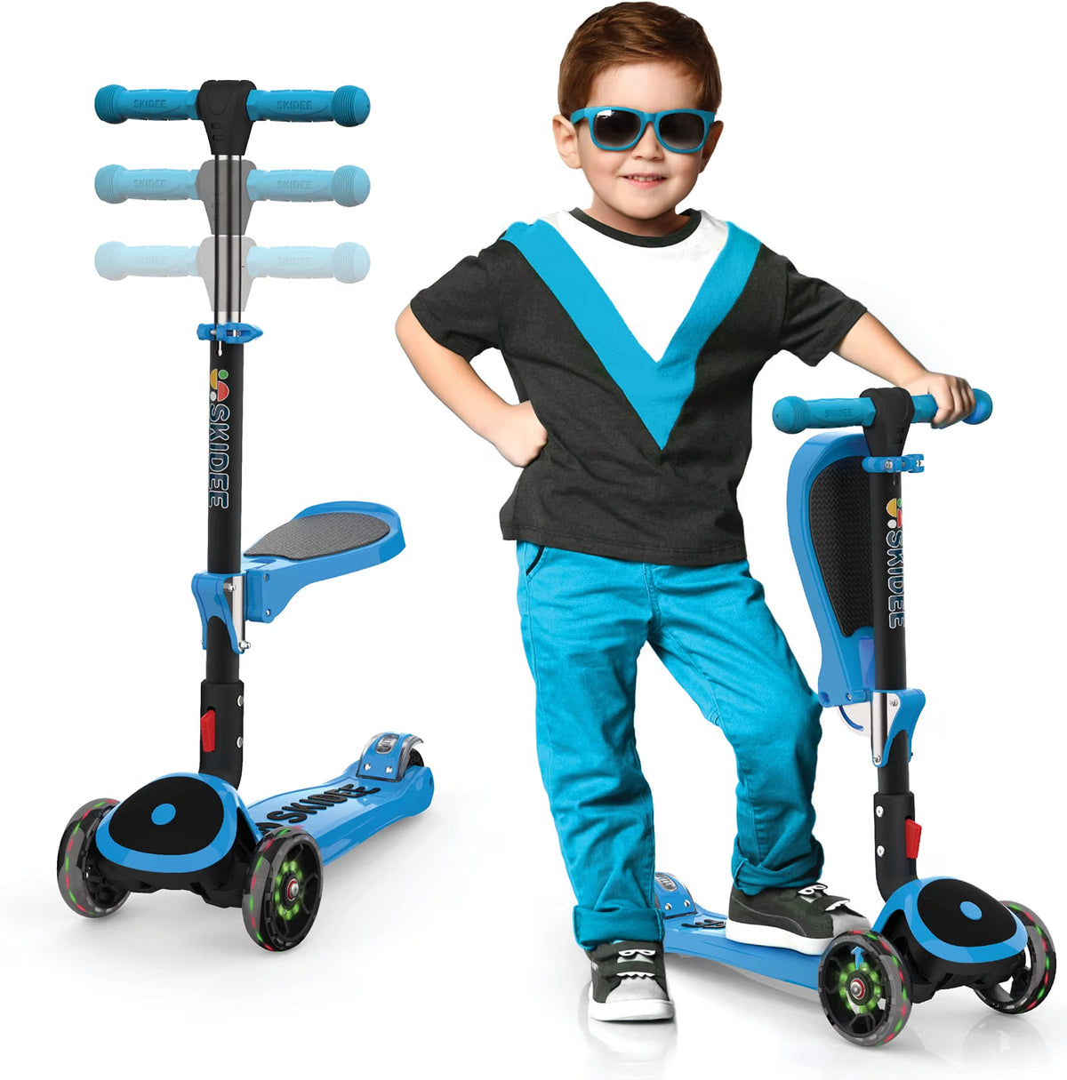 SKIDEE Kids 3-Wheel Scooter, Foldable, Adjustable, LED Light Wheels