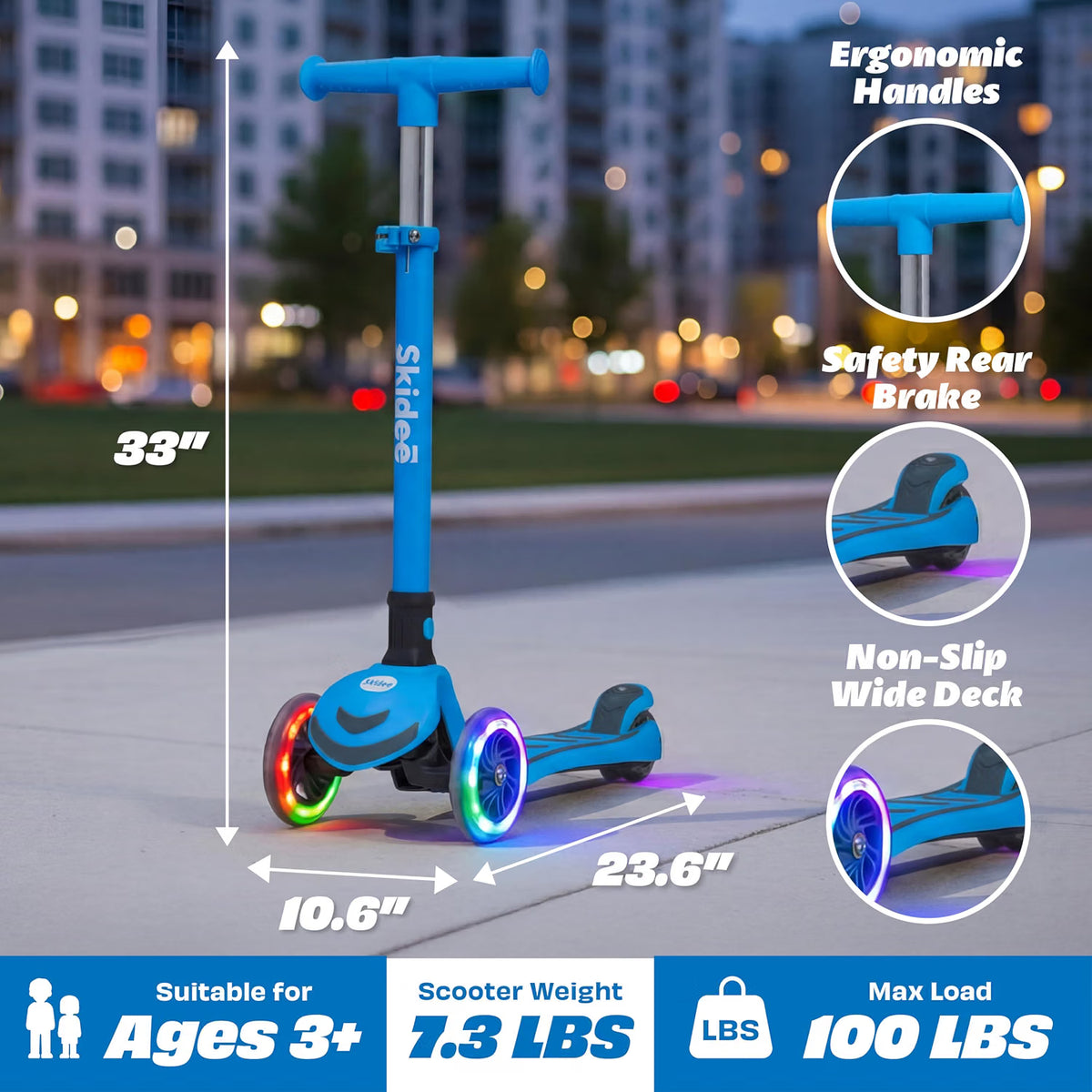 SKIDEE Kids 3-Wheel Scooter, Foldable, Adjustable Height, LED Wheels
