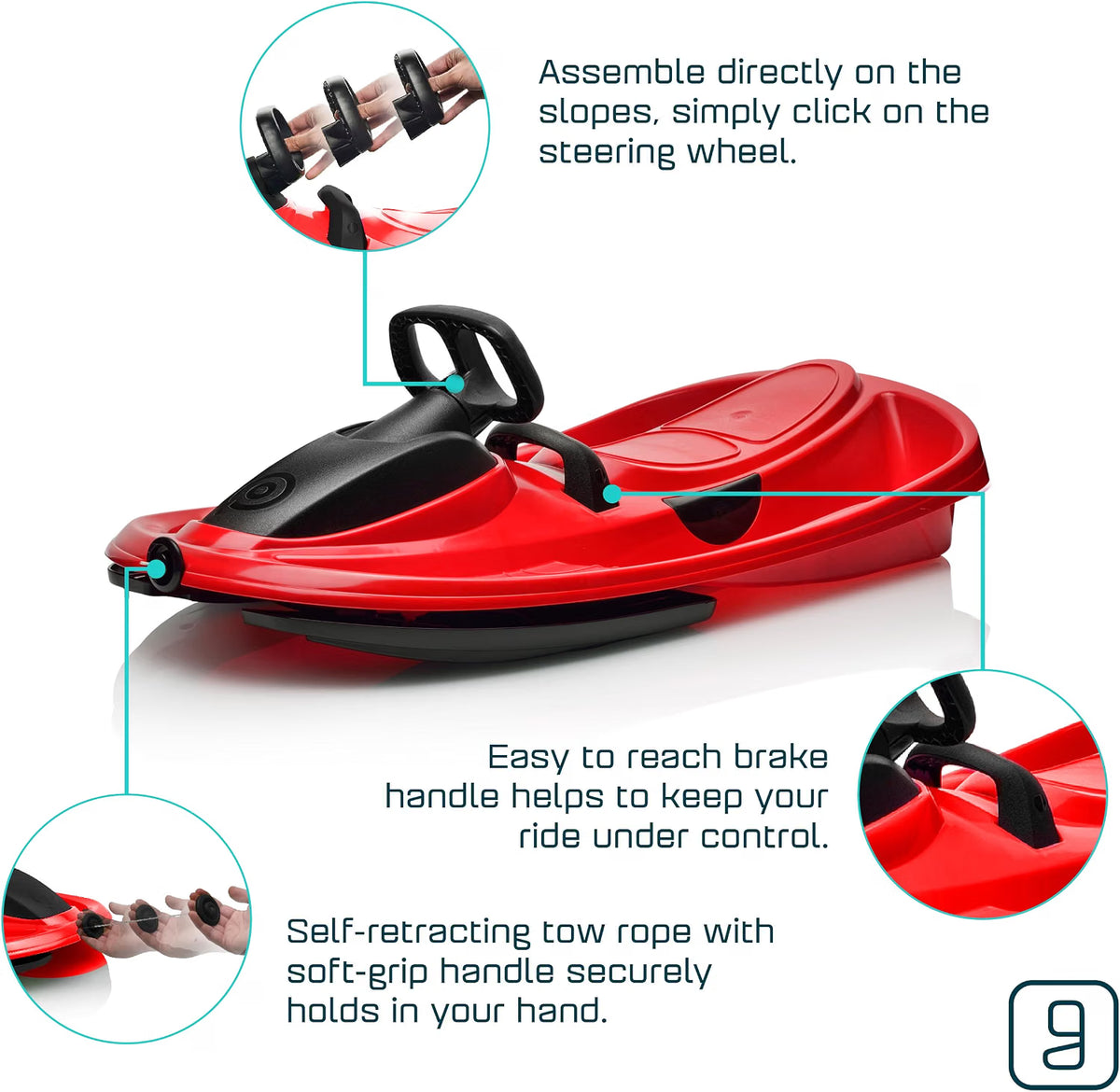 Gizmo Riders Snow Sled for Kids & Adults, Steering Wheel, Anti-Slip Seat, Brake, 260lb