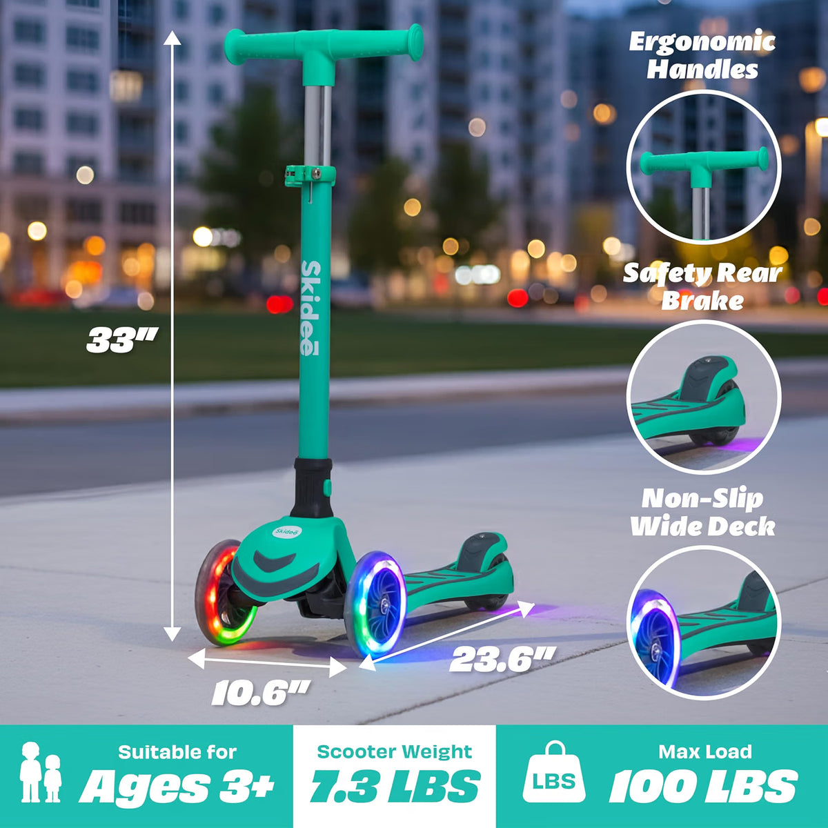 SKIDEE Kids 3-Wheel Scooter, Foldable, Adjustable Height, LED Wheels