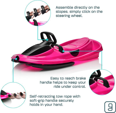 Gizmo Riders Snow Sled for Kids & Adults, Steering Wheel, Anti-Slip Seat, Brake, 260lb