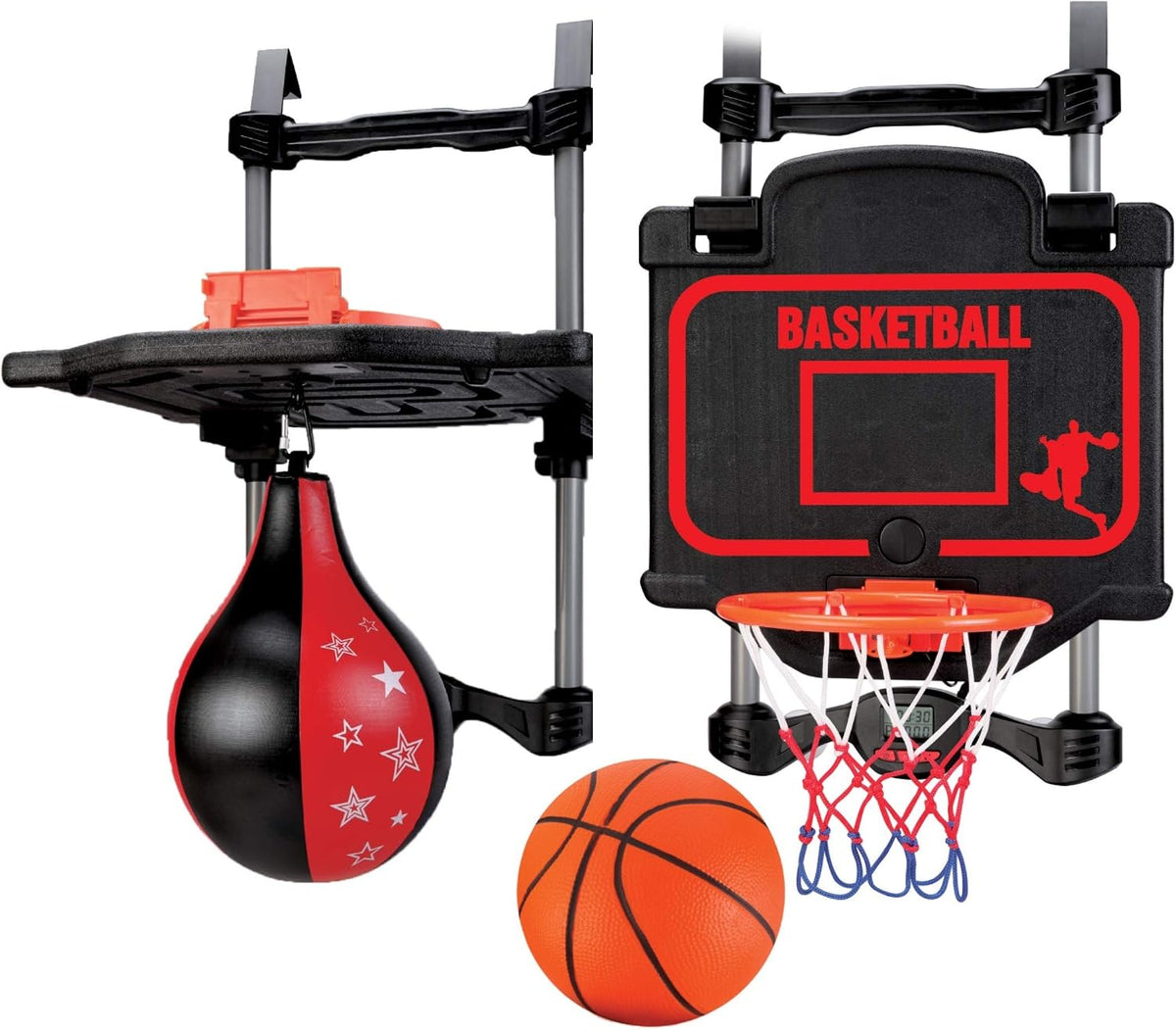 Over-the-Door Basketball & Boxing Set, 2-in-1 Hoop & Speed Bag, Scoreboard & Sound