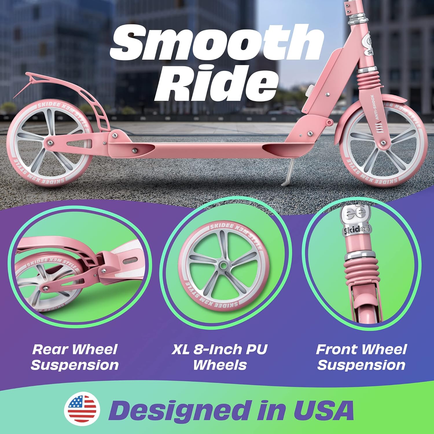 Skidee Adult & Teen Scooter Adjustable Height, Folding, Large Wheels, Lightweight, Durable, Anti-Shock Suspension, Up to 220 lbs