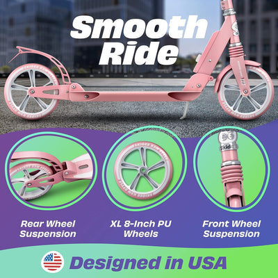 Skidee Adult & Teen Scooter Adjustable Height, Folding, Large Wheels, Lightweight, Durable, Anti-Shock Suspension, Up to 220 lbs