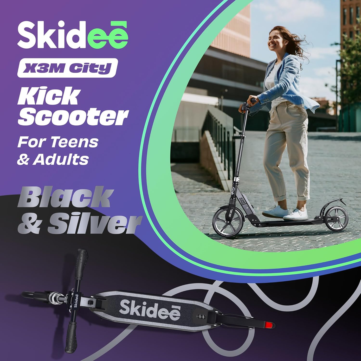 Skidee Adult & Teen Scooter Adjustable Height, Folding, Large Wheels, Lightweight, Durable, Anti-Shock Suspension, Up to 220 lbs