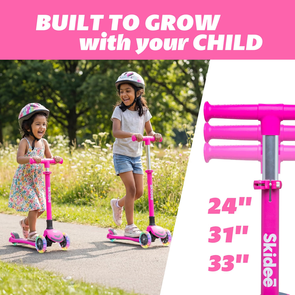 SKIDEE Kids 3-Wheel Scooter, Foldable, Adjustable Height, LED Wheels