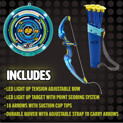 LED Light-Up Archery Bow & Arrow Set, 10 Suction Cup Arrows, LED Target, Ages 6+
