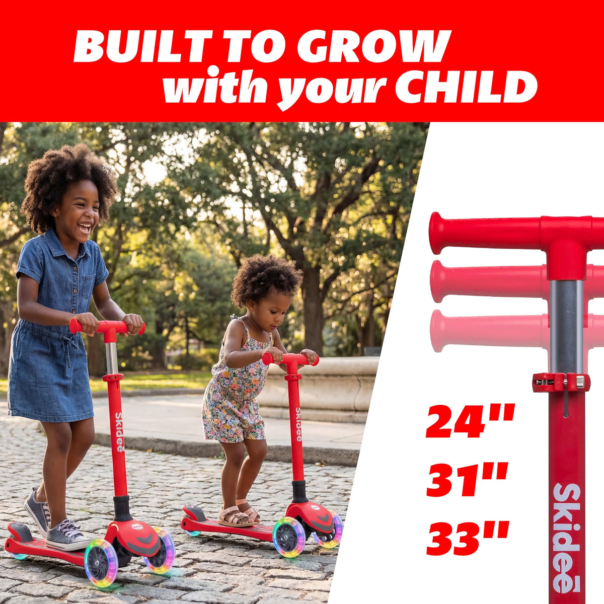SKIDEE Kids 3-Wheel Scooter, Foldable, Adjustable Height, LED Wheels