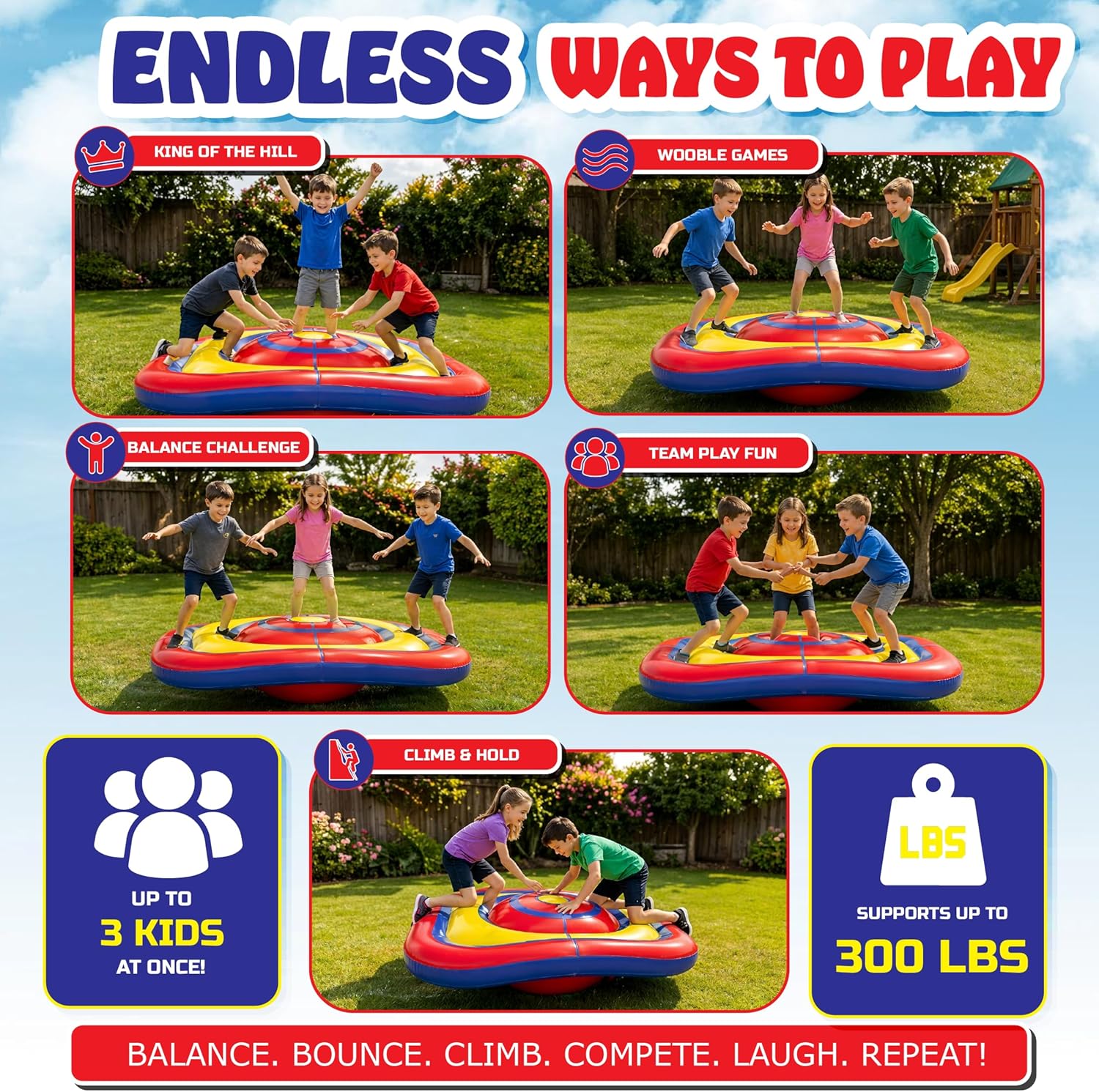 Playland 7.5 FT Inflatable Balance Platform for Kids – Bullseye Wobble Bounce Pad