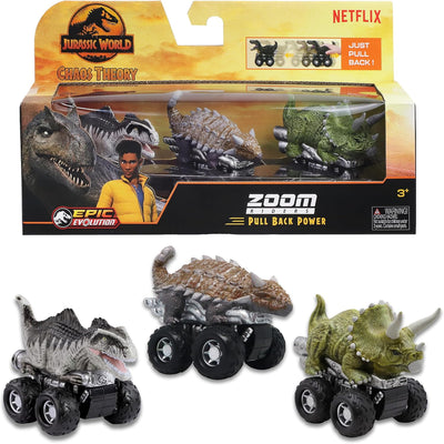 Jurassic World Chaos Theory Zoom Riders, 3 Surprise Eggs in 1 Box Dinosaur Toys for Kids 3+