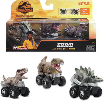 Jurassic World Chaos Theory Zoom Riders, 3 Surprise Eggs in 1 Box Dinosaur Toys for Kids 3+