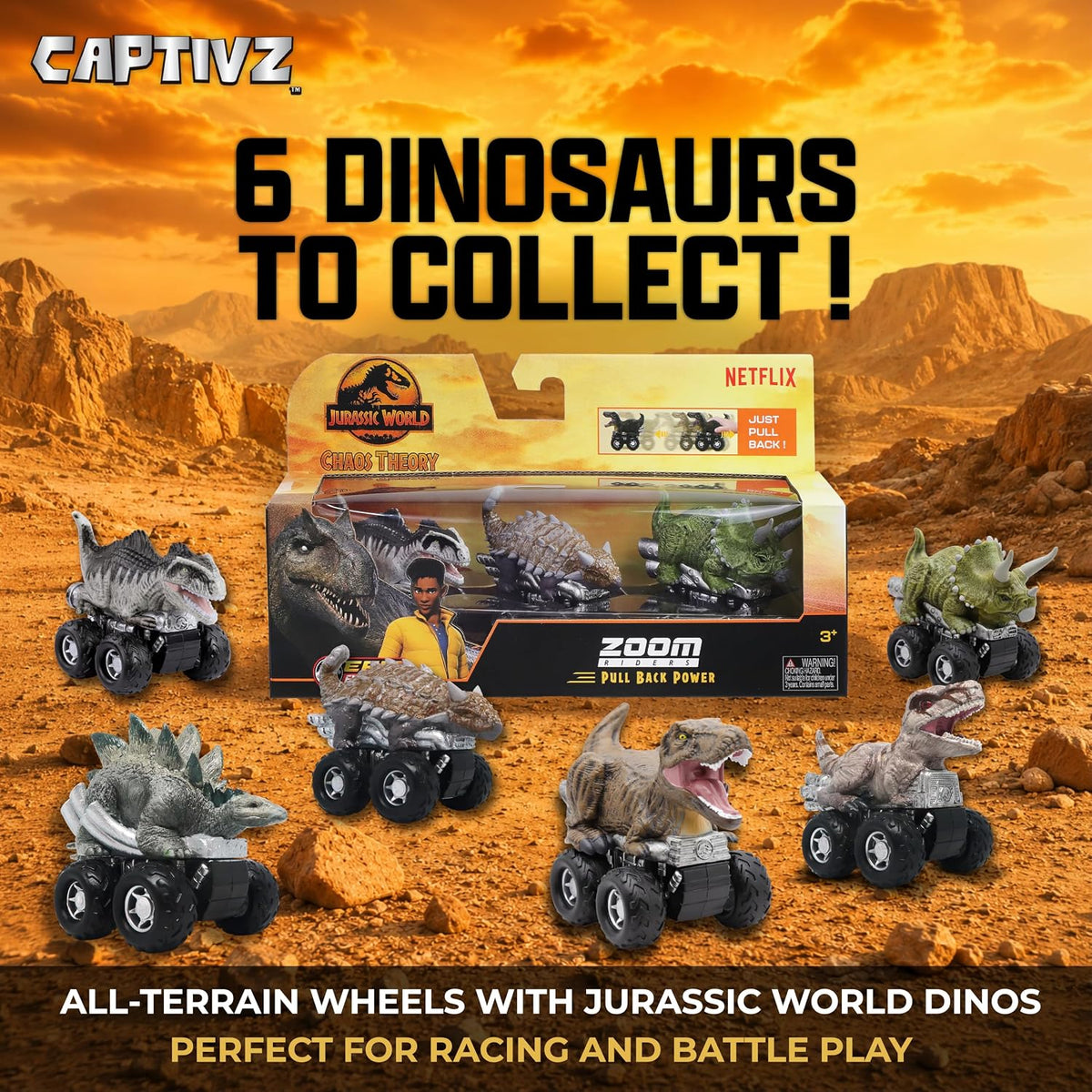 Jurassic World Chaos Theory Zoom Riders, 3 Surprise Eggs in 1 Box Dinosaur Toys for Kids 3+