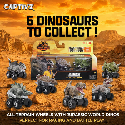 Jurassic World Chaos Theory Zoom Riders, 3 Surprise Eggs in 1 Box Dinosaur Toys for Kids 3+