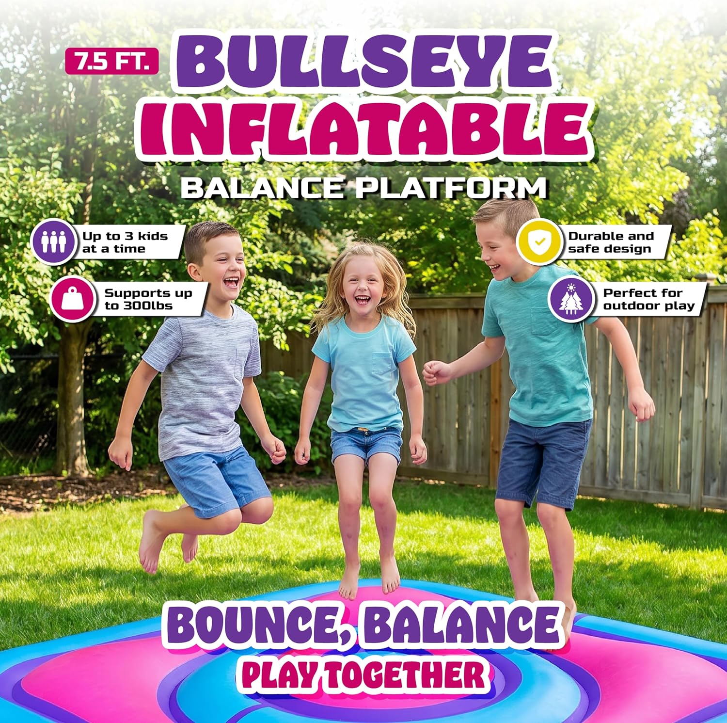 Playland 7.5 FT Inflatable Balance Platform for Kids – Bullseye Wobble Bounce Pad