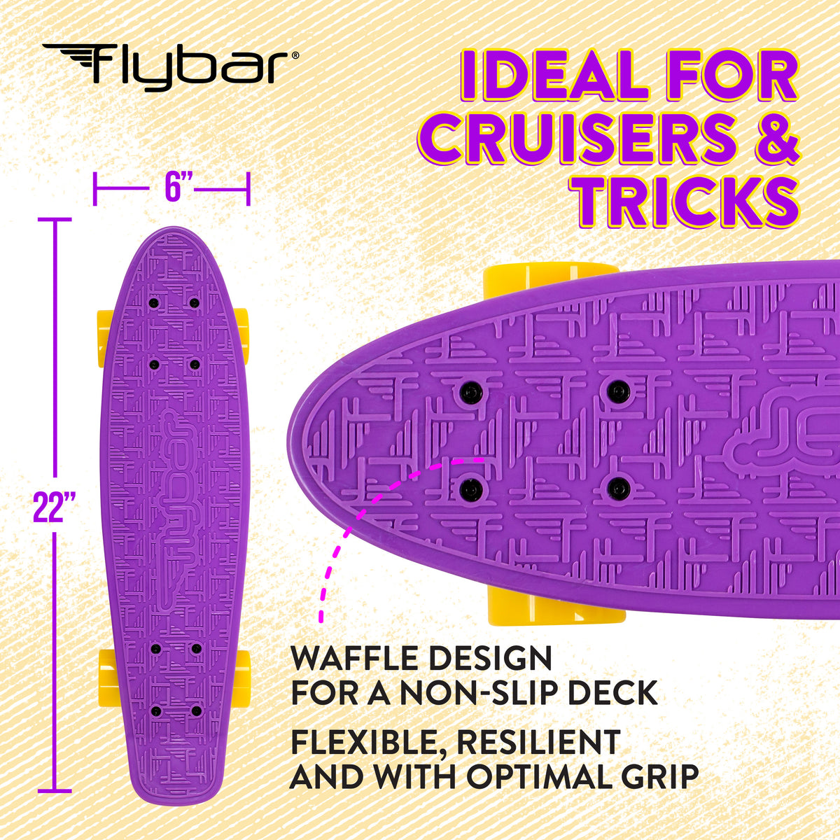 Flybar 22 Inch Kids Skateboard – Mini Cruiser Skateboards for Kids Ages 6-12, Outdoor Toys, Lightweight, Durable, Non-Slip Deck, ABEC-7 Bearings, Holds up to 175 lbs