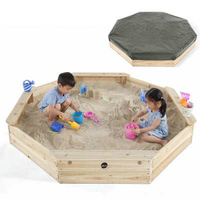 Plum Wooden Large Sandbox with Cover - Outdoor Octagon Sand Box for Kids, Toddler Sensory Toys