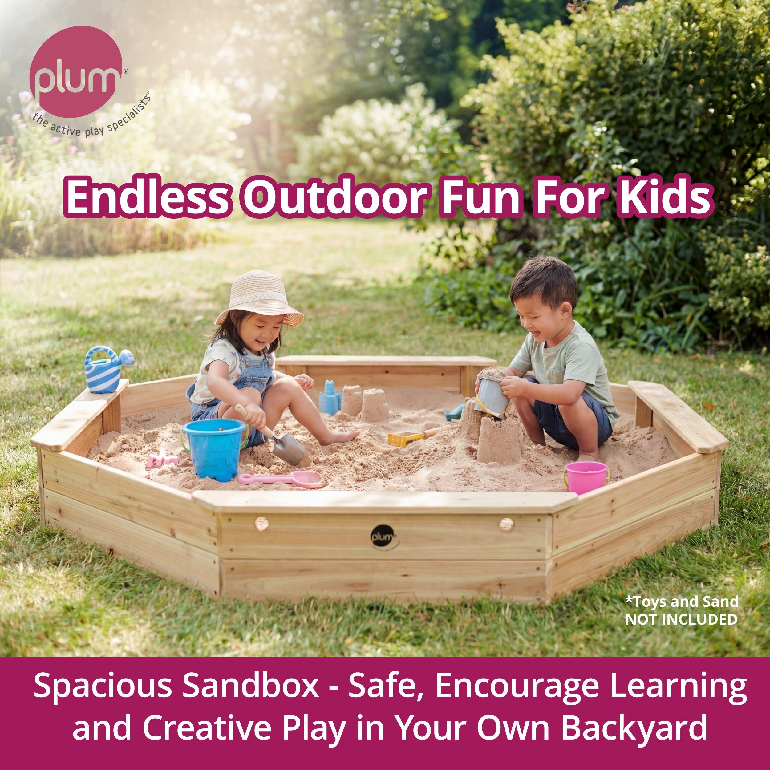 Plum Wooden Large Sandbox with Cover - Outdoor Octagon Sand Box for Kids, Toddler Sensory Toys