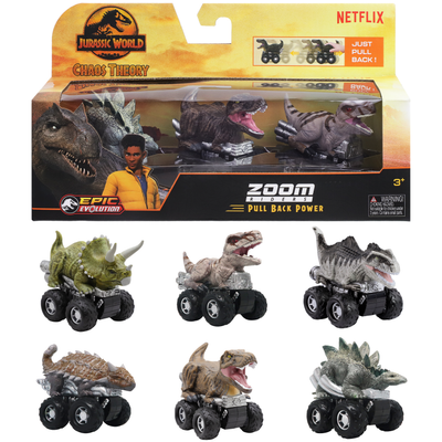 Jurassic World Chaos Theory Zoom Riders, 3 Surprise Eggs in 1 Box Dinosaur Toys for Kids 3+
