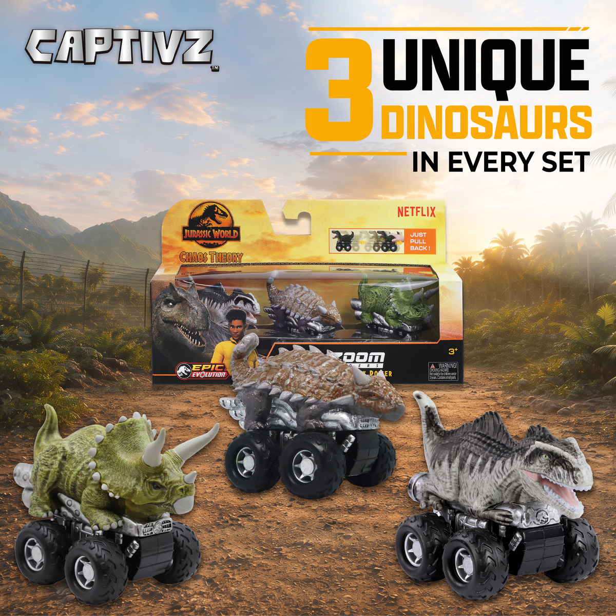 Jurassic World Chaos Theory Zoom Riders, 3 Surprise Eggs in 1 Box Dinosaur Toys for Kids 3+