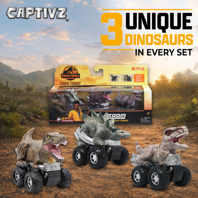 Jurassic World Chaos Theory Zoom Riders, 3 Surprise Eggs in 1 Box Dinosaur Toys for Kids 3+